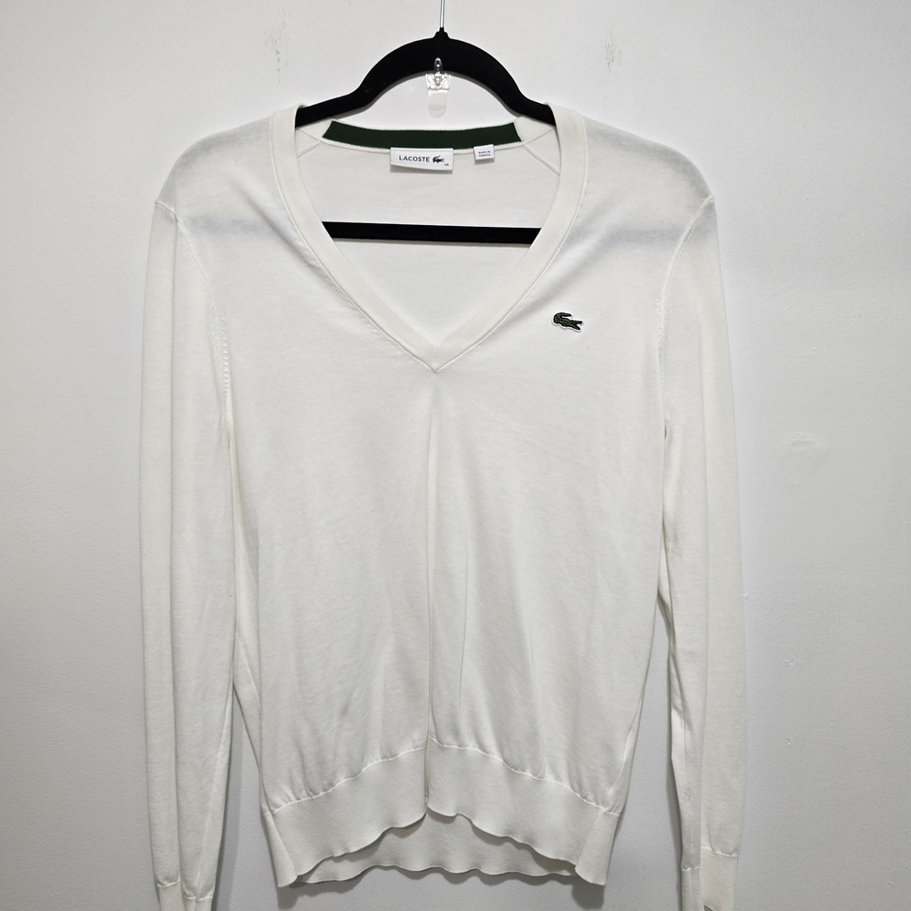 Women's Lacoste White V-Neck Sweater, Size 38